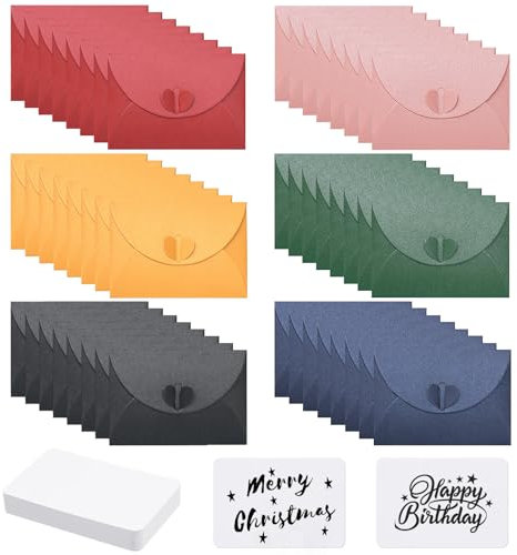 LUBOXIN 48 Stück Mini Briefumschläge mit 48 Stück Blanko Karten, Bunt Kleine Briefumschläge Mini Umschläge mit Herz Verschluss für Geschenkkarten, DIY Dankeskarte, Party Einladung(6 Farben)