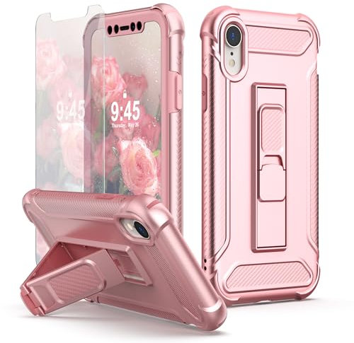 ORETECH Designed for iPhone XR Case,and [2 x Tempered Glass Screen Protectors] [Heavy Duty Protection] [Kickstand & Phone Holder] 5 in 1 Full Body Shockproof Protective Cover for iPhone Xr - New Rose