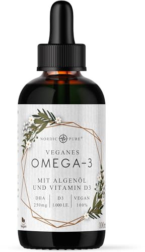 Veganes Omega 3 Algenöl Präparat | DHA aus der Mikroalge Schizochytrium sp. | Mit Vitamin D3 | Auf Basis von Hanfsamenöl | Hoher Anteil an Alpha-Linolsäure und Alpha Linolensäure, 100 ml