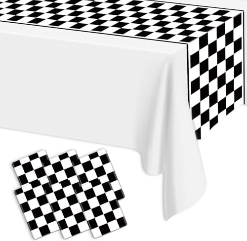 Lot De 6 Chemins De Table Jetables en Plastique Noir À Carreaux pour Fête d'anniversaire, Fête Prénatale, Mariage - 35 X 274 Cm