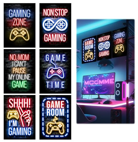 Raykce 6 Pieces Gaming Posters, Neon Style Gaming Wall Art, Waterproof Gamer Zone Wall Sticker - Game Art Prints For Boys Bedrooms, Gamer Decor For Teens Boys Girls Bedroom Cybercafe