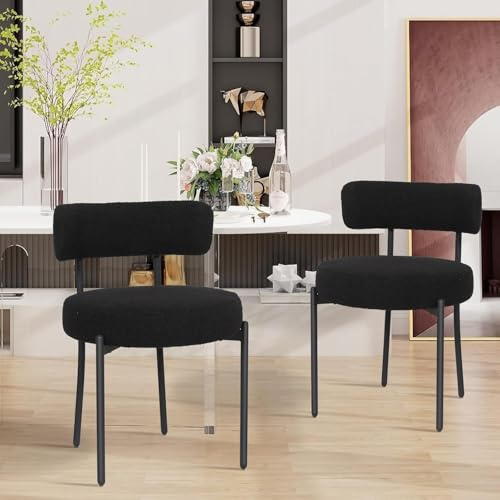 ARTETHYS Esszimmerstühle 2er Set Teddy Stoff Runde Boucle Stühle Esszimmer | Dining Chairs mit Abnehmbare Kissen,Metallbeine Schwarz, Geschwungene Rückenlehne,76 cm Höhe Für Küche & Wohnzimmer,Schwarz