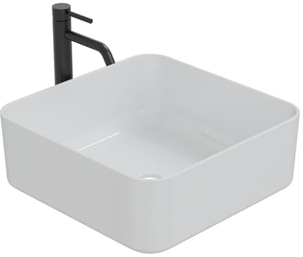 HAGO24 | Waschbecken Keramik | quadratisch 39x39cm | weiß | abgerundete Ecken | schmaler Rand | Aufsatzwaschbecken | Badkeramik | kratzfest | Standard-Anschluss
