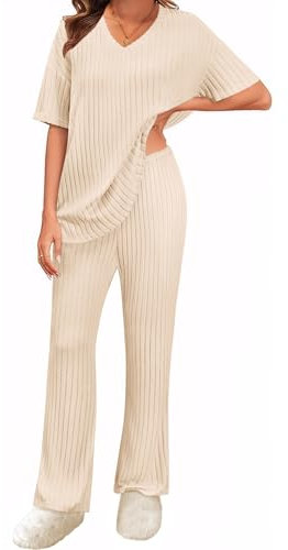 UMIPUBO Womens Pyjamas Set 2 Piece Lounge Wear Soft Ribbed V Neck Short Sleeve Tops and Wide Leg Trousers Elastic Waist Pants with Pockets Casual Tracksuits Loungewear Sleepwear Sets (Beige, L)