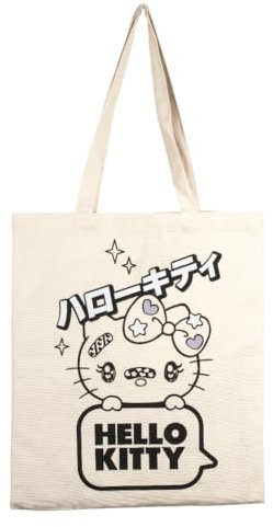 Konix Hello Kitty Tote Bag Tasche mit langen Griffen - 38 x 42 cm - 100% Polyester - Star-Motiv - Weiß