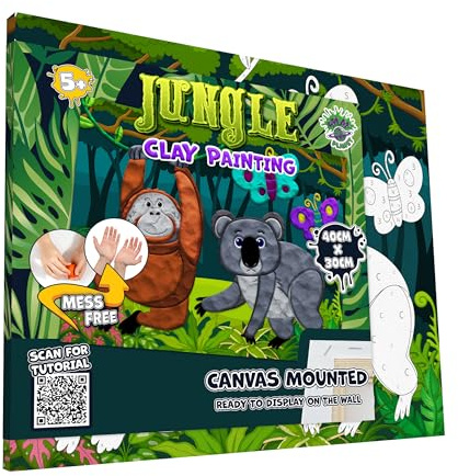 Splat Planet Kleckerfreies Dschungel-Knetset, lufttrocknendes Knetmodellierset, sensorisches 3D-Leinwand-Bastelset für Kinder, vorgerahmt 40 x 30 cm