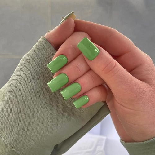 SXVME Light Green False Nails Short Medium Square, Gel Press on Nails Coffin Medium Glossy Fake Nails Set Solid Color Acrylic Nail Natural Fit Reusable Stick on Nail for Women Daily Wear, in 24 Pcs