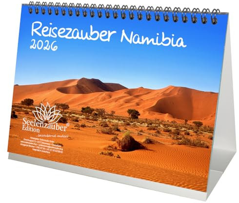 Reisezauber Namibia DIN A5 Tischkalender für 2026 Landschaft Reise Tiere - Set-Inhalt: 1x Kalender 1x Weihnachtsanhänger 1x Grußanhänger (gesamt 3 Teile)