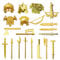 Metalakaerr Medieval Weapon Pack Accessories Kits, 20 Pieces, Include Helmets, Armor, Bows, Swords, Spears, Axes, Compatible with Major Brands, Gold