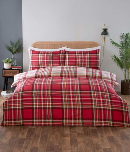 Rapport Home Cameron Tartan Duvet Set with Fitted Sheet and Pillowcase, Single Size, Red Plaid Pattern, 180 Thread Count Microfibre