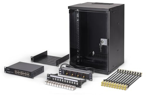 DIGITUS 10 Inch Network Kit - 9U Network Bay - Shelf - Power Strip - 16 Port Switch - 12 Port Patch Panel - 12 Keystone Modules - 20 Patch Cables - Unmounted - Soho Pro - Black