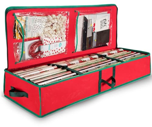 Christmas Wrapping Paper Storage Bag, Gift Wrap Organiser, 600D Oxford Waterproof Wrapping Paper Storage with 2 Clear Pockets, Christmas Decoration Storage Box Fits 18-24 Rolls(105 x 16 x 36cm)