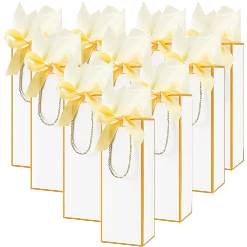Povxlum 30 PCS Bags with Tissue Paper Wine Bottle Bags with Bow Ribbon Gift Bags Reusable for Wedding Birthday Housewarming Party Christmas Retirement Party Supplies (White)