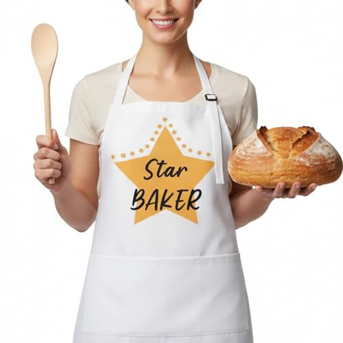 Star Baker Apron and Wooden Spoon Set, Personalised Kitchen Cooking Apron for Women and Men, Chef Baking Aprons with Pocket, Adjustable Cooking Aprons, Funny baking Gifts for Mum Dad Sister Brother
