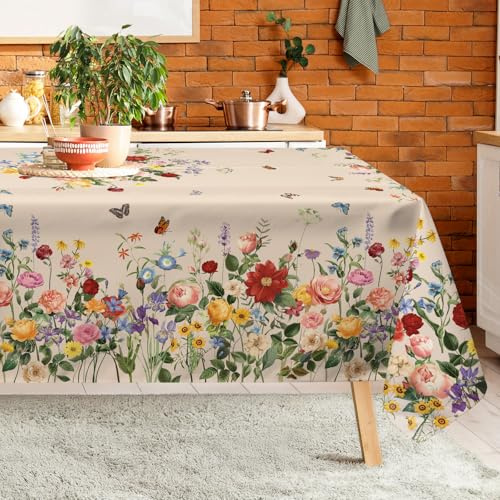 Arquiel Frühling Blumen Tischdecke Polyester Rechteckig 152 x 213 cm | Waschbare Polyester-Tischdecke mit Blumen-Motiv, wasserabweisend und pflegeleicht für Küche, Esszimmer, Feste und Feiern.