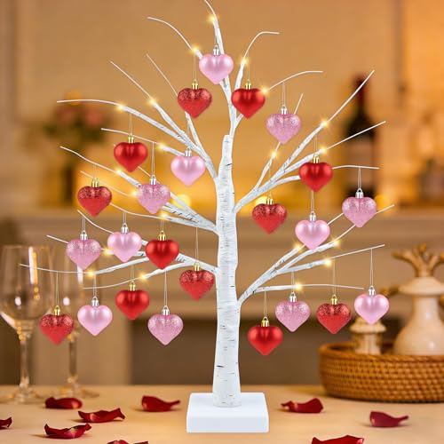 Wlicon 60 CM Valentines Day Lighted Tree Birch Tree with 24 LED Lights Valentines White Birch Trees with 24 PCS Hanging Red Pink Heart Ornaments for Valentine's Day Indoor Party Holiday Decor