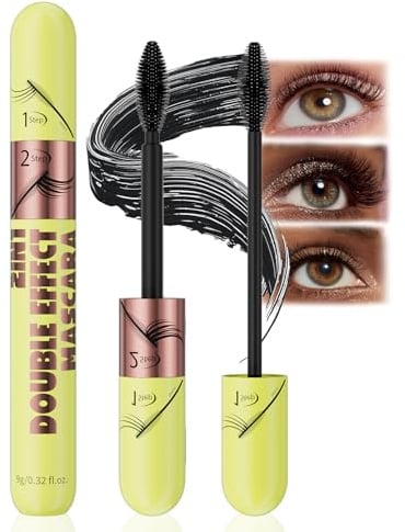 Mascara Wasserfest Schwarz, 2-in-1 Dual-Ended Wimperntusche für Ältere Frauen und Sensible Augen, 4D Volumen & Länge, Natürlich False-Lashes-Effekt & Langanhaltende Locken, ohne Klumpen
