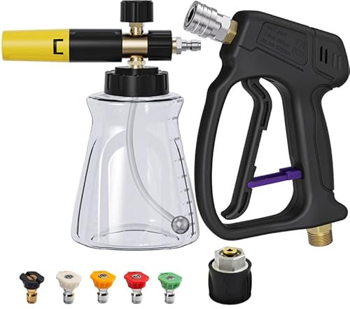 Pistolet Nettoyeur Haute Pression 4500-5200 PSI avec Canon à Mousse 1L et 5 Embout de Buse,1/4 Raccord Rapide pour Lavage Voiture Auto, Adatateur Compatible Karcher K1-K7