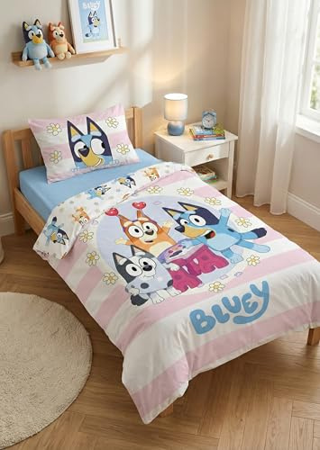 Bluey Babybettwäsche 100x135 + Kissenbezug 40x60 Rosa Streifen Bingo Junge | Baby-Bettwäsche | Naturbaumwolle weich atmungsaktiv Oeko-Tex | Muffin im Schlafanzug | Offizielle Lizenz | Kinderbett