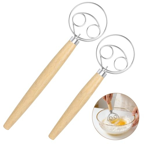 OSDUE Batidor de Masa Danés y Holandés, 2 Piezas Acero Inoxidable Mango de Madera Doble Agujero 33.5cm y 24.5cm Cocina Masa Varillas Batir Manual para Hacer Pan Pizza Pasteles (8 cm Ancho)