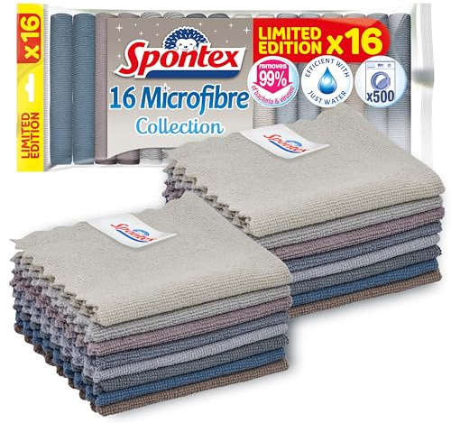 Spontex Bayetas de Microfibra para Limpieza | 16 bayetas de la colección Microfibre | para Usar como paños de Polvo, de Cocina y Trapos Multiusos | 30 x 30 cm | Colores neutros | Pack de 8