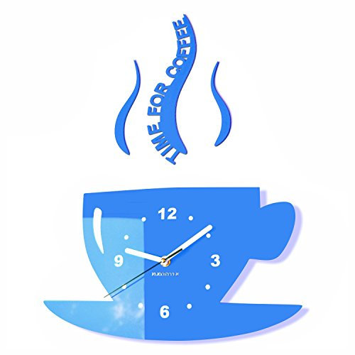 FLEXISTYLE Tasse Time for Coffee (Zeit für Kaffee) Moderne Küche Wanduhr blau, 3D römisch, wanduhr deko, 32 x 19 cm