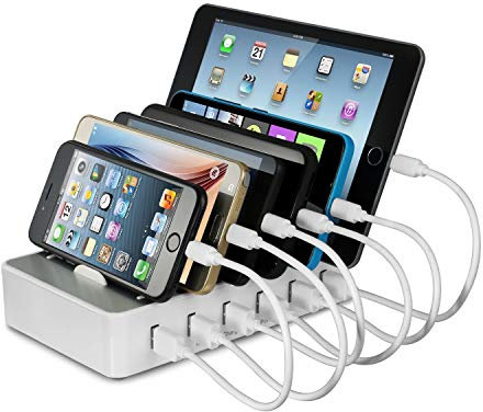 Station de Charge 6 port USB Chargeur Multiple Station Recharge Support Charge Station Chargement pour Smartphone 6 Câbles court (avec 6 cables courts) Blanc