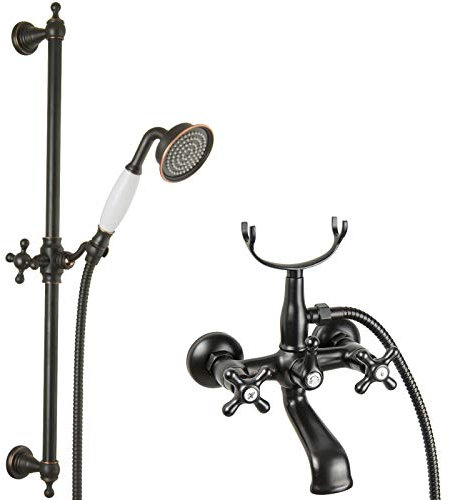 PaulGurkes schwarze Wannenarmatur Retro Duschstange Nostalgie Aufputz Wannen Set Vintage Landhausstil Bad Armatur Zweigriffmischer Kreuzgriff Handbrause Brausestange Brauseschlauch Wanneneinlauf