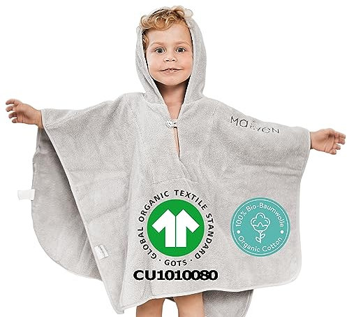 Mabyen Baby Kapuzen Bademantel | Baby Poncho mit Kapuze -100% Bio-Baumwolle - OEKOTEX zertifiziert - Babys und Kinder bis 3 Jahre geeignet - Babyhandtuch mit Kapuze - 50x70 cm - hellgrau/grau