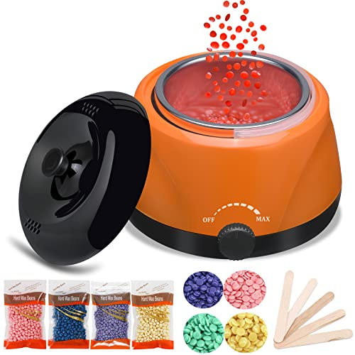 Wachswärmer Wachs Haarentfernung Waxing Set Wax Maschine Wachsmaschine Enthaarung Set Wachsgerät Haarentfernung mit 4X100g Wachs, 20 Holzspateln,für Achsel,Bein(Orange)