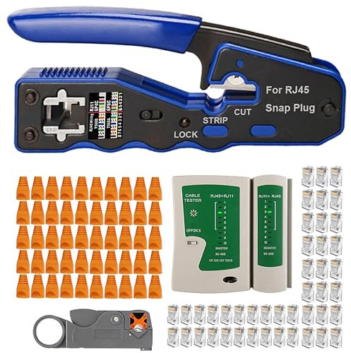 MAYLINE Pince à Sertir de Fil RJ45 Testeur de Network Réseau Câble Kits RJ11 Cat5 Cat6 avec 50 Pièces Ensemble d'Outils de Connecteurs en Cristal, Dénudeur de détecteur de données (Rouge)