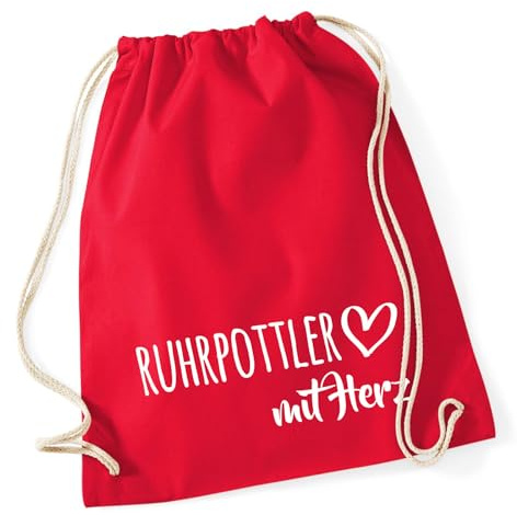 Huuraa Turnbeutel Ruhrpottler mit Herz Geschenk | Sportbeutel 12 Liter Classic Red Baumwolle Roter Rucksack Geschenkidee Unisex Beutel mit Kordelzug Baumwollbeutel