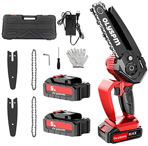 OLYSPM 21V 6-in Mini Motosega Elettrica con 2 Batterie 2 Catene e Guanti Protettivi,Adatta per Taglio Legno Alberi e Rami Potatura