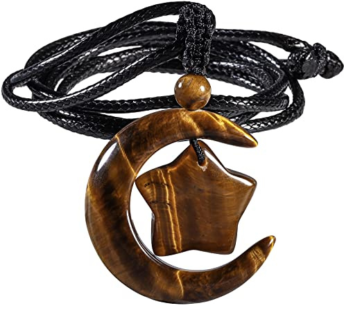 Nupuyai Crescent Moon Star Necklace for Men Women, Healing Stone Pendant Necklace for Unisex with Adjustable Rope, Tiger's Eye Stone, tiger's eye stone