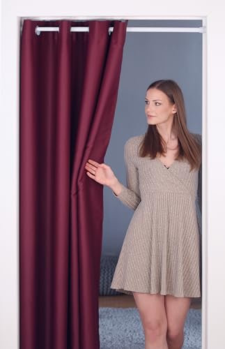 tinycurtains, Türvorhang mit Teleskopstange, einfache Montage in nur 1 Minute ohne Bohren (Türgardine beeriges rot H200 x B150 cm + Stange weiß B55-90 cm)