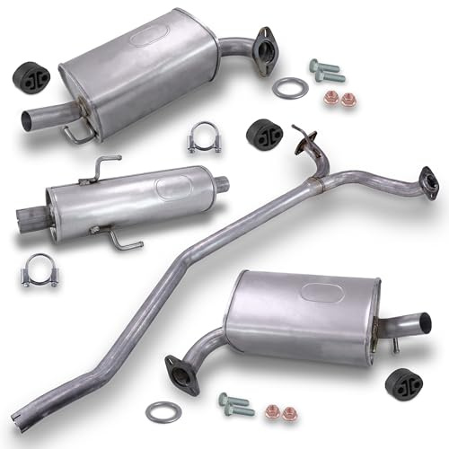BESTPRICE Auspuff Schalldämpfer Set 1x Mittelschalldämpfer, 1x Endschalldämpfer links & rechts, 1x Abgasrohr Verbindungsrohr, mit Montagematerial Kompatibel mit MAZDA 6 (GG) (GY)
