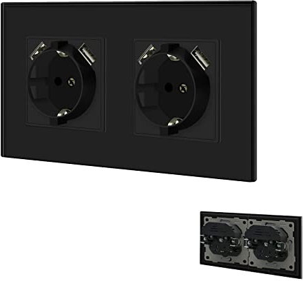 BSEED Schuko Steckdose mit USB 16Amp Steckdose mit Steckklemme Unterputz Steckdose mit 3.1A Doppel USB 157mm Wandsteckdose Doppelsteckdose Einbausteckdose USB Steckdose Schwarz