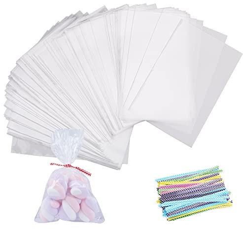 6x9cm Cellophantüten Klar 100 pcs, funvce Kleine Süßigkeiten Tüten plastiktüten Transparent mit Metallischen Bindebaender, Flachbeutel Zellophantüten für Mitgebsel Kindergeburtstag Gastgeschenke