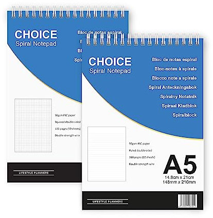 Choice A5-Notizblöcke, 2 Stück (1 liniert/1 kariert), doppelter Draht, weißes Papier, 90 g/m², perfekte tägliche Notizblöcke