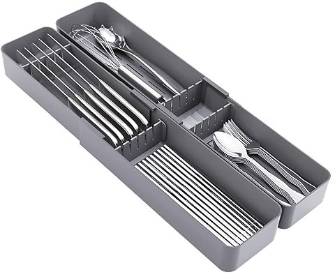 AEARY Expandable Drawer Organizer for Utensils Holder, Adjustable Cutlery Tray, No-Slip Drawer Dividers Organizer for Silverware, Flatware, Knives in Kitchen, Large Drain Board (Black，2 Sets)