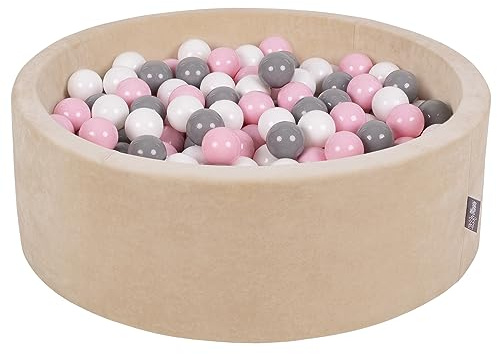 KiddyMoon Rund Bällebad Velvet Bällepool 90X30cm/300 Bälle ∅ 7Cm Ballgruben Für Babys Spielbad Kleinkinder, Hergestellt In EU, Sandbeige: Weiß/Grau/Puderrosa