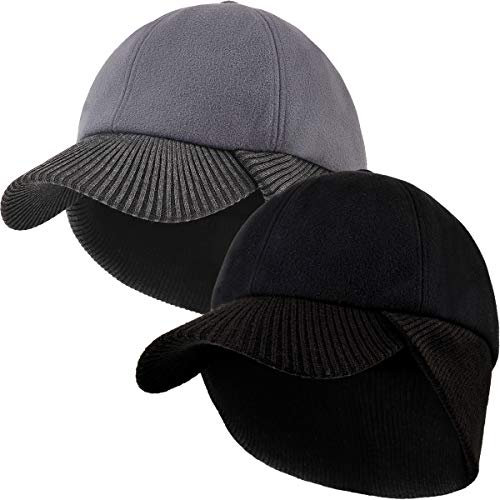 29 IYEBRAO 2 Stück Winter Baseball Cap mit Ohrenklappen Herren Damen Unisex Warme Wolle Kappe Full Cap Ohrenschutz Wollcap Outdoor Visor Sport Mütze Ski Baseballkappe (Schwarz und Dunkelgrau,2 Stück)