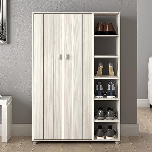 GFW Bideford Tall Shoe Storage Unit With Storage Cupboards And Open Shoe Rack, 2 Panelled Drawers, Contemporary White Wooden Shoe Cabinet For Hallway, Living Room & Bedroom W79.6 x D29.6 x H119.6