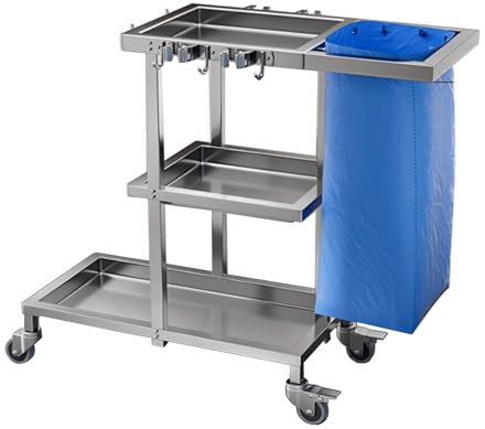Carro de limpieza de acero inoxidabl, carrito de servicio multifunción,con 3 Estantes y Bolsa carritos de conserjero sobre ruedas