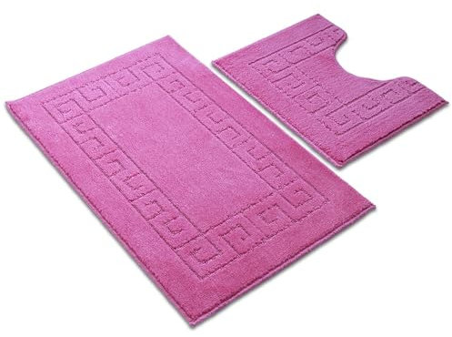 Ambience Products Lot de 2 tapis de bain antidérapants doux et lavables à séchage rapide - Motif clé grecque - Tapis de douche et contour WC (rose)