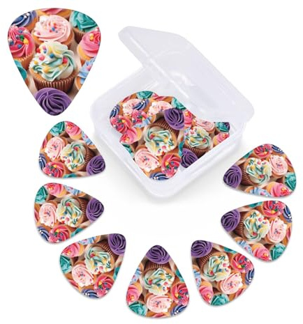 Gitarrenplektren mit Geburtstags-Cupcake-Aufdruck, 12 Stück, mit Aufbewahrungsbox, Bass-Plektren für Akustikgitarre, Bass, elektrische Ukulele, inklusive 0,46 mm, 0,71 mm, 0,96 mm