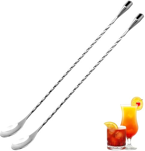 RSYHVG Stainless Steel Mixing Spoon, 2 Pcs 11.8 Inch Bar Cocktail Shaker Spoon, Long Handle Spoon with Spiral Pattern Teardrop End Design, Drink Stirrer for Home