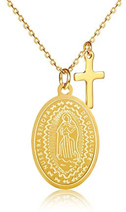 KIM JOHANSON® Edelstahl Damen Multi Layer Halskette mit Anhänger *Jungfrau Maria* in Gold | Boho Schmuck für Frauen | Madonna Kette mit Kreuz | Wasserfest | Verstellbare Länge | inkl. Schmuckbeutel