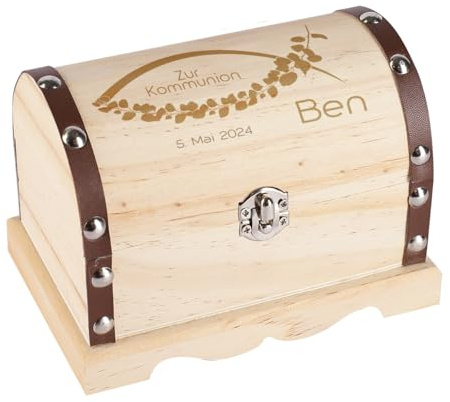 Striefchen® Personalisierte Schatztruhe mit Gravur als Kommunionsgeschenk, perfekte Verpackung Geldgeschenk (Fischsymbol Eukalyptus, M)