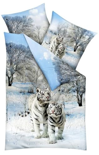 JACK by Kaeppel Mako Satin Digitaldruck Bettwäsche 2 TLG. Schnee Tiger Raubkatze Winter Schnee Wald Hellblau Weiß, Größe:135x200cm Bettwäsche